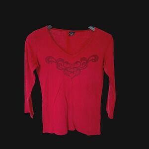 Y2K Sledge USA Womens Red V-Neck Long Sleeve Whimsigoth Top Gothic Scrollwork XL